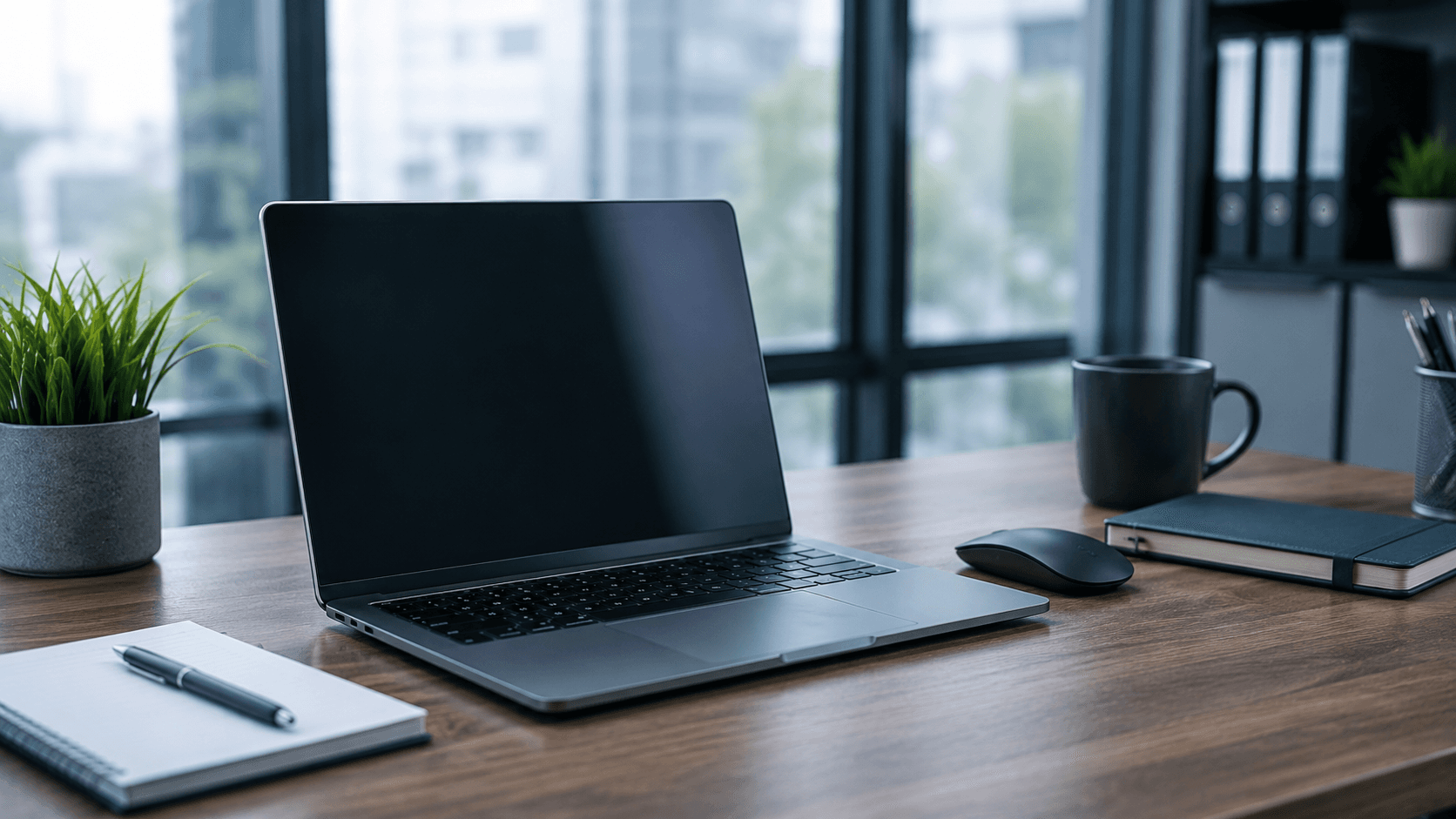 Business laptop on a wooden desk in an office