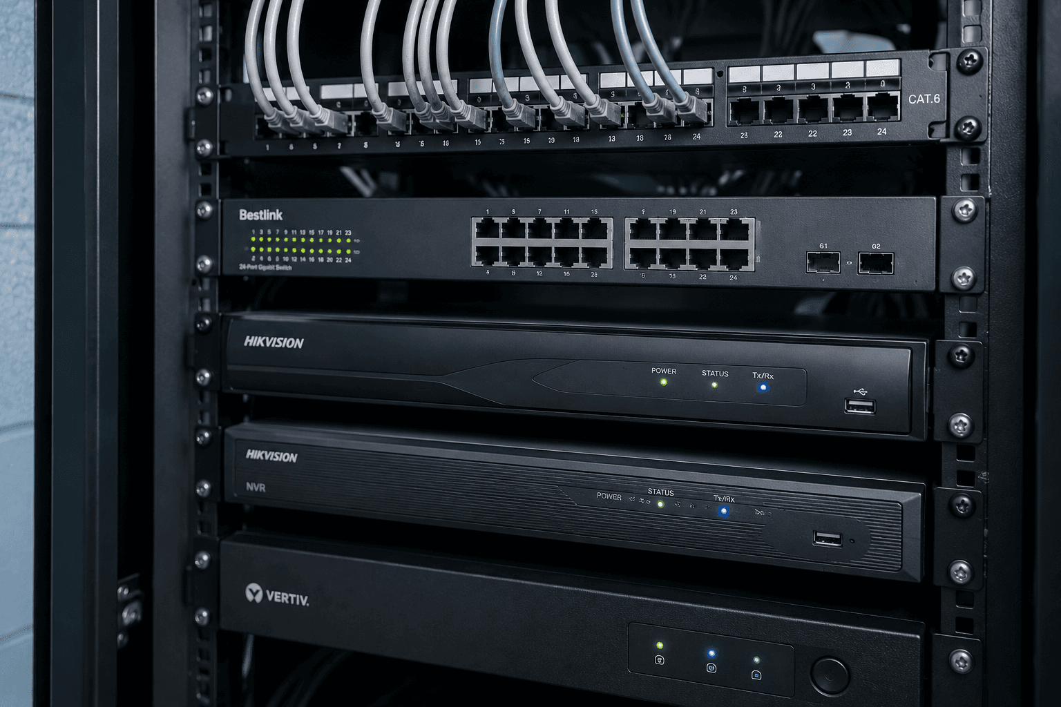 Network and security equipment mounted in a rack