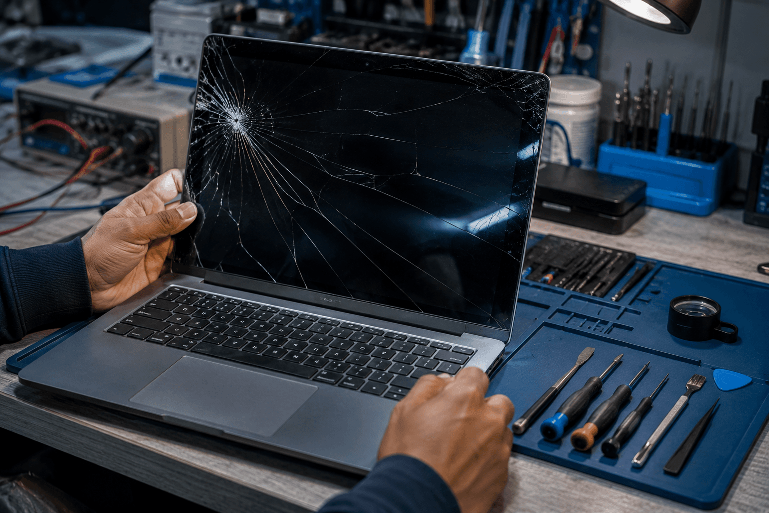 Laptop with cracked screen being inspected at a repair workshop