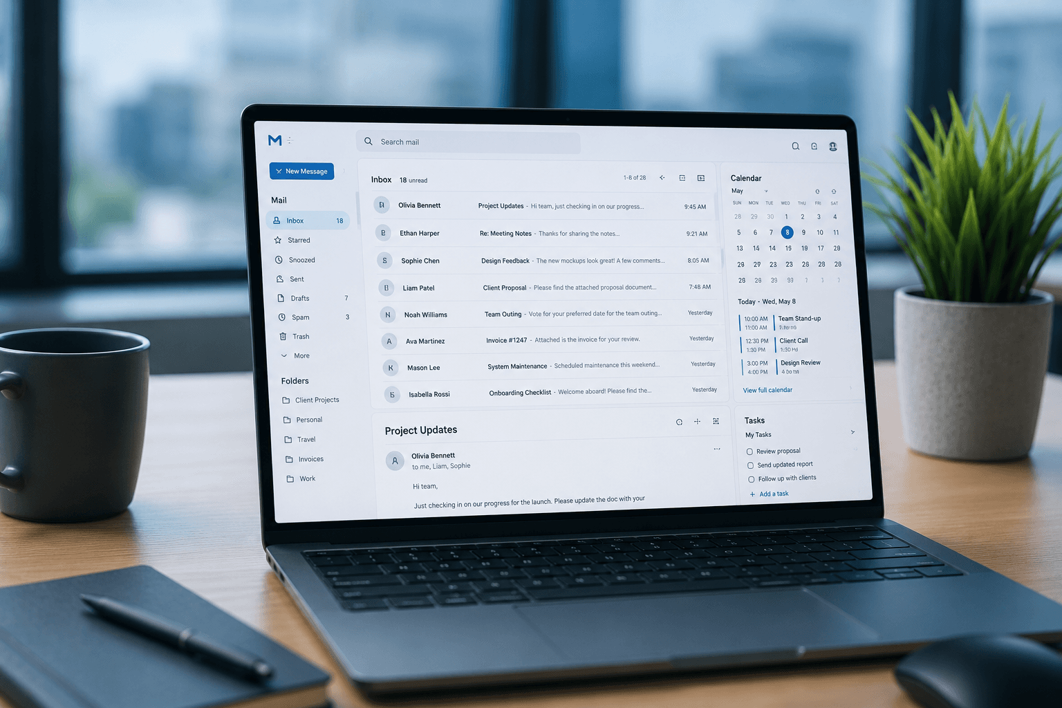 Laptop showing email and productivity software
