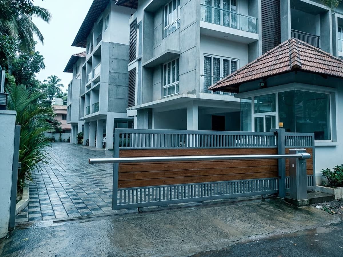 Apartment block entrance in Kerala with a sliding gate and a boom barrier controlling vehicle access