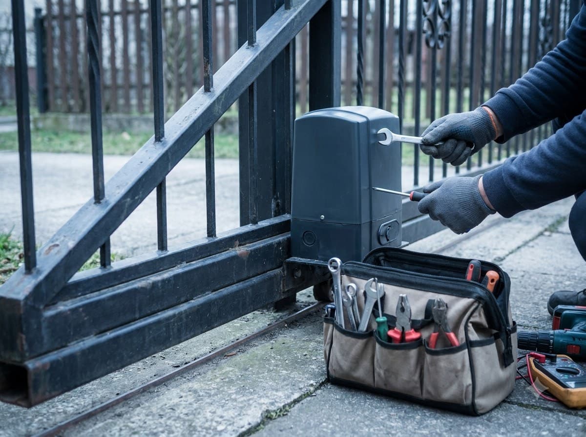 Technician fitting a sliding gate motor to an existing metal gate, with tools laid out alongside