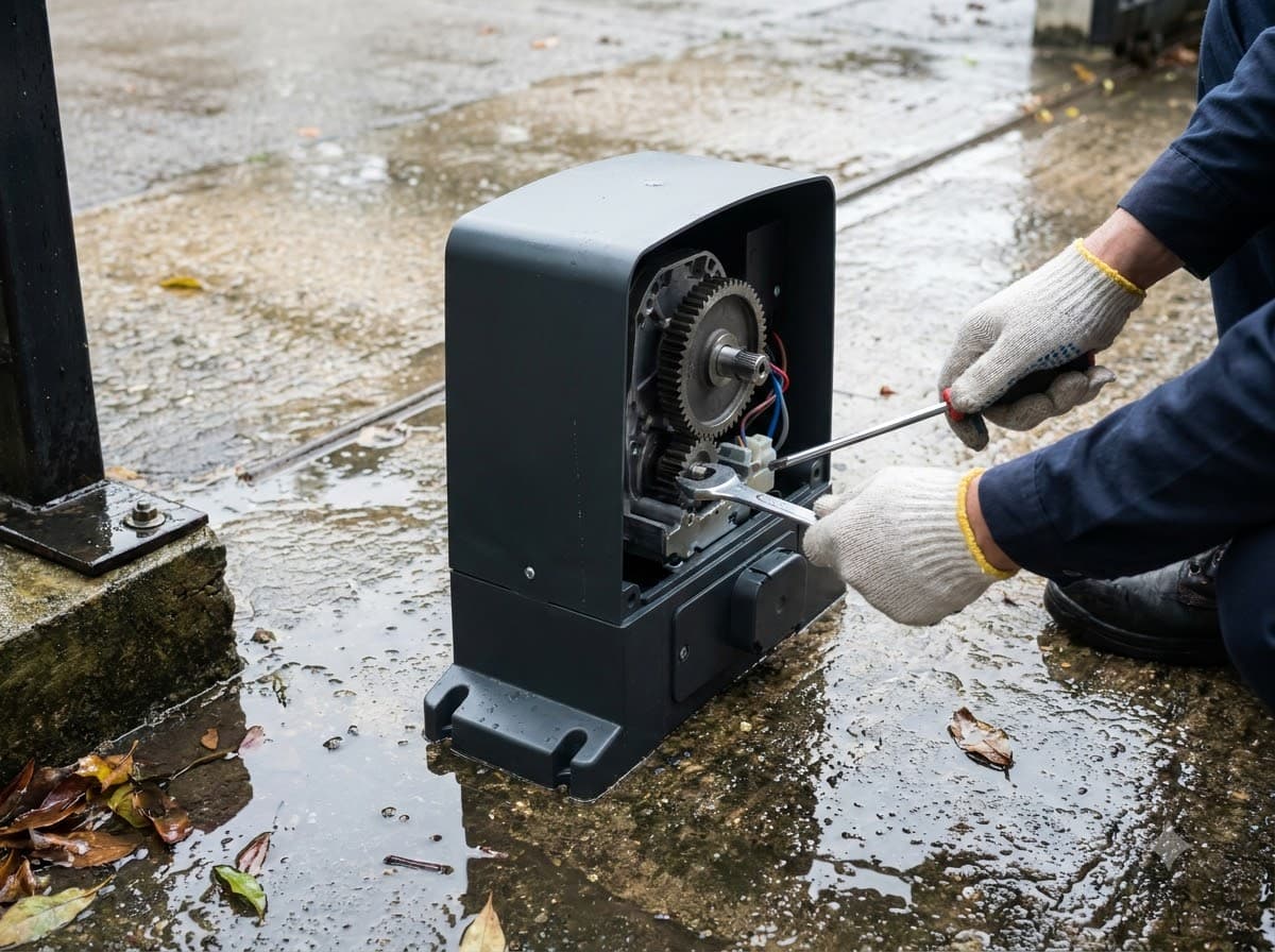 Technician in work gloves servicing an opened sliding gate motor on wet ground scattered with fallen leaves