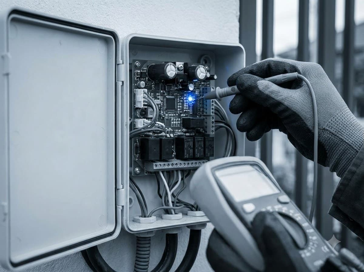 Technician testing an automatic gate control board with a multimeter inside its open enclosure