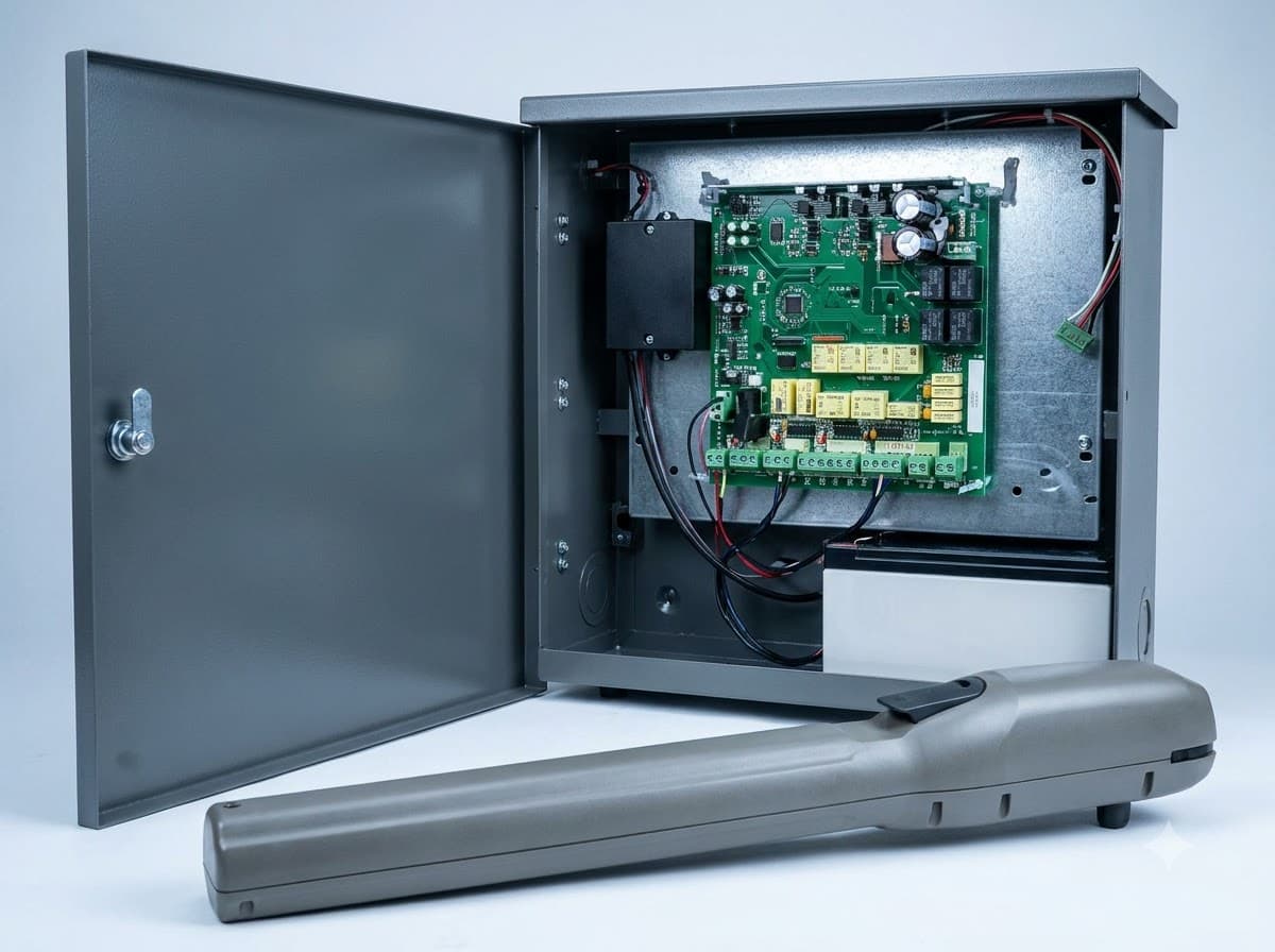Open gate control cabinet showing the control board, backup battery and a swing gate arm motor