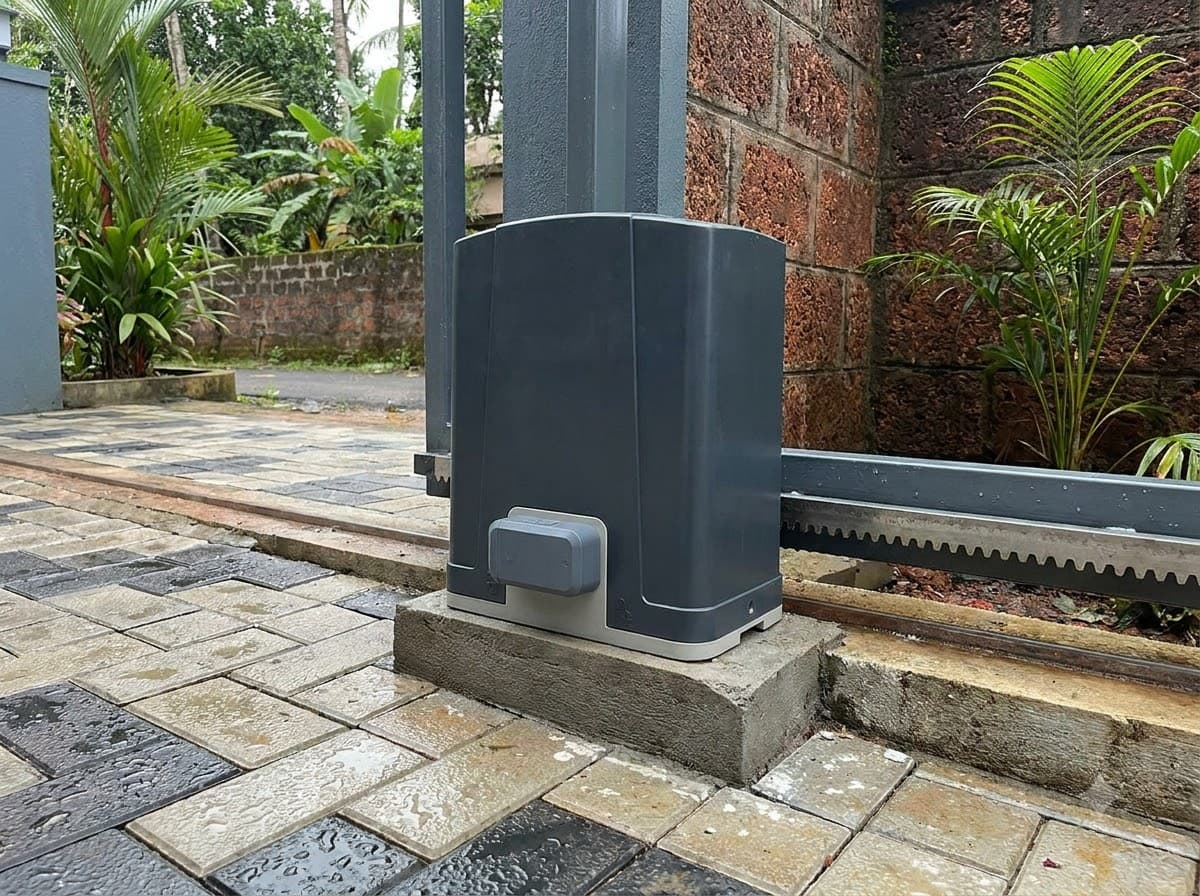 Sliding gate motor mounted on a concrete plinth beside the gate rack rail at a Kerala home