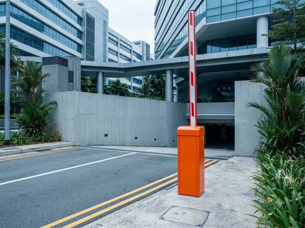 Boom barrier with its red and white arm raised at the vehicle entrance of a commercial building