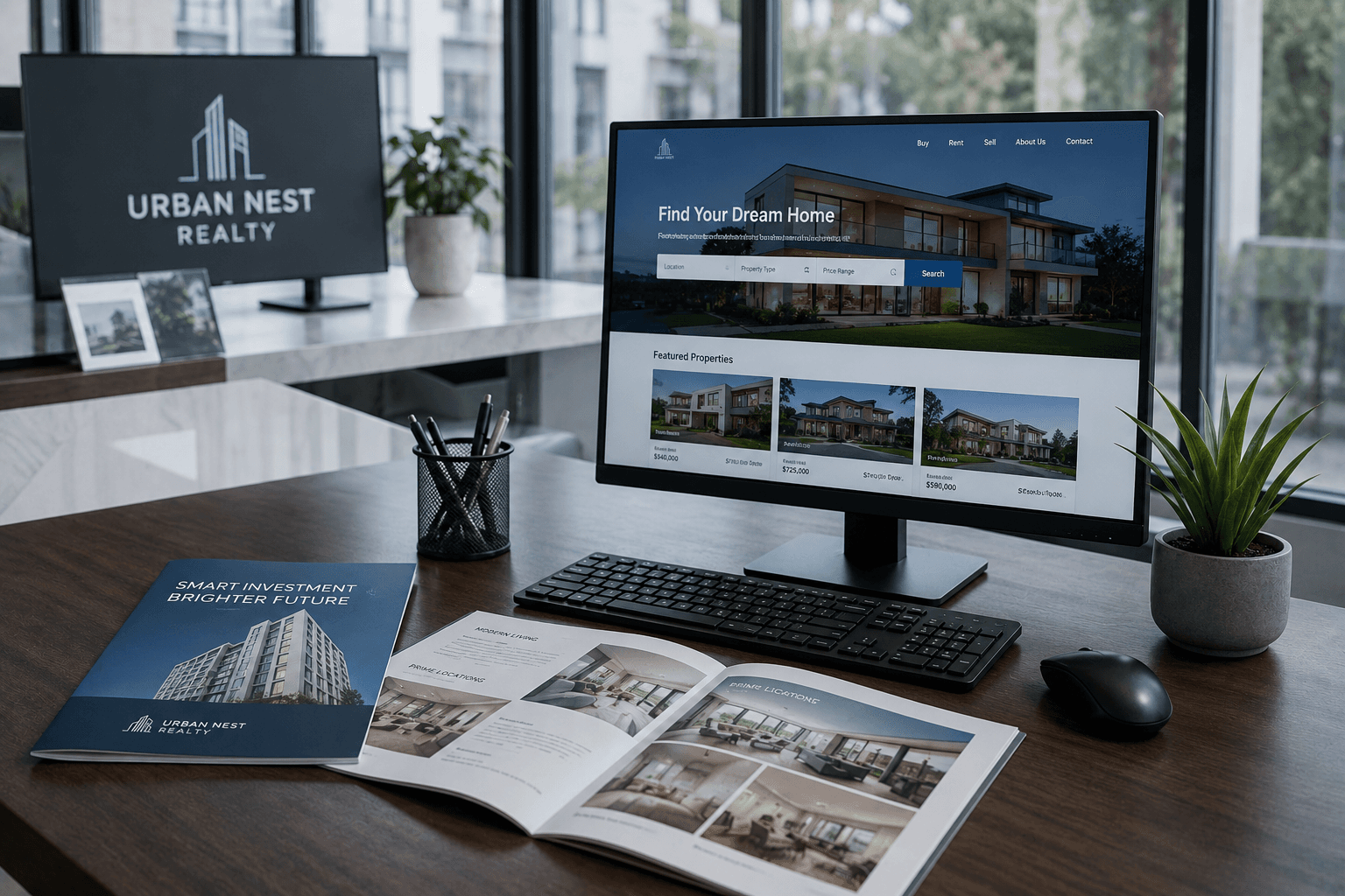 Real estate office workspace with a computer