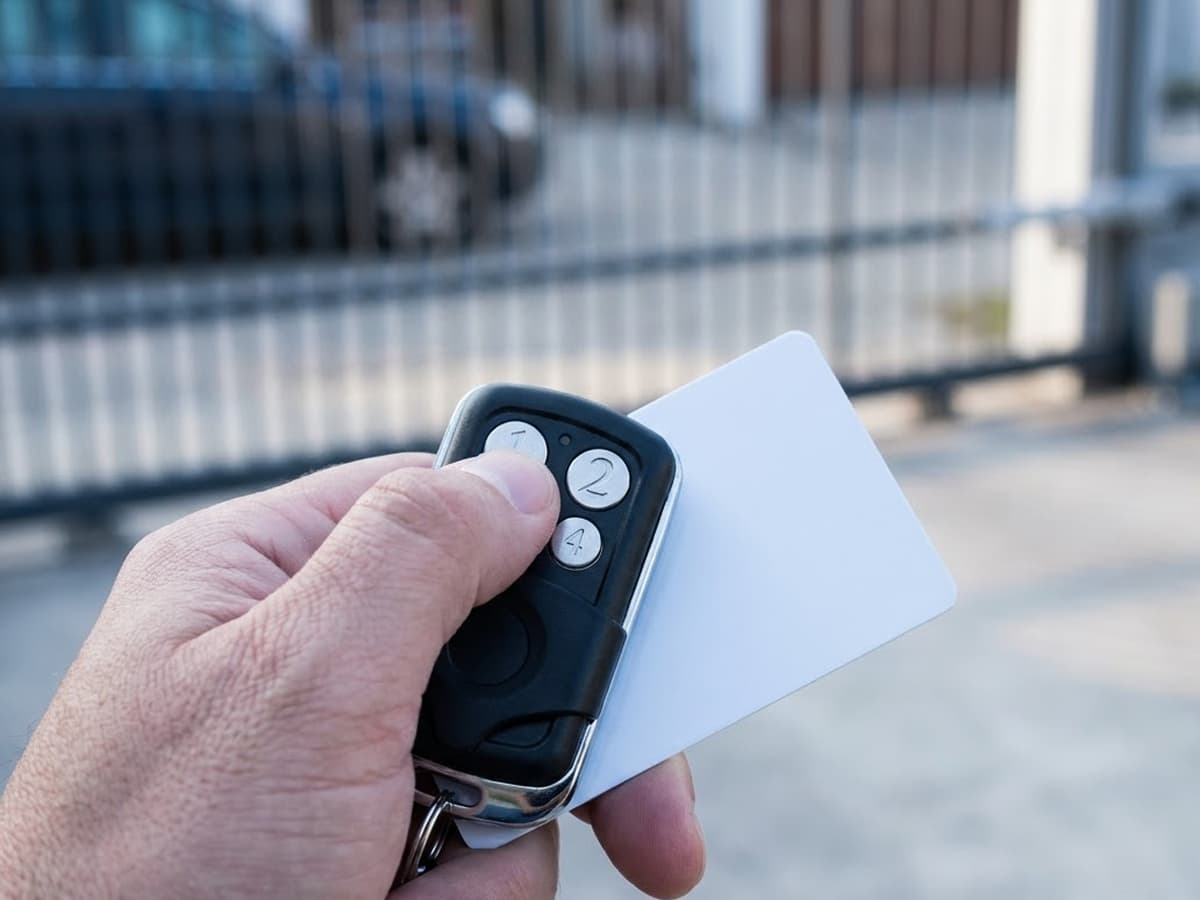 Hand holding a four-button gate remote and a white RFID access card in front of a sliding gate