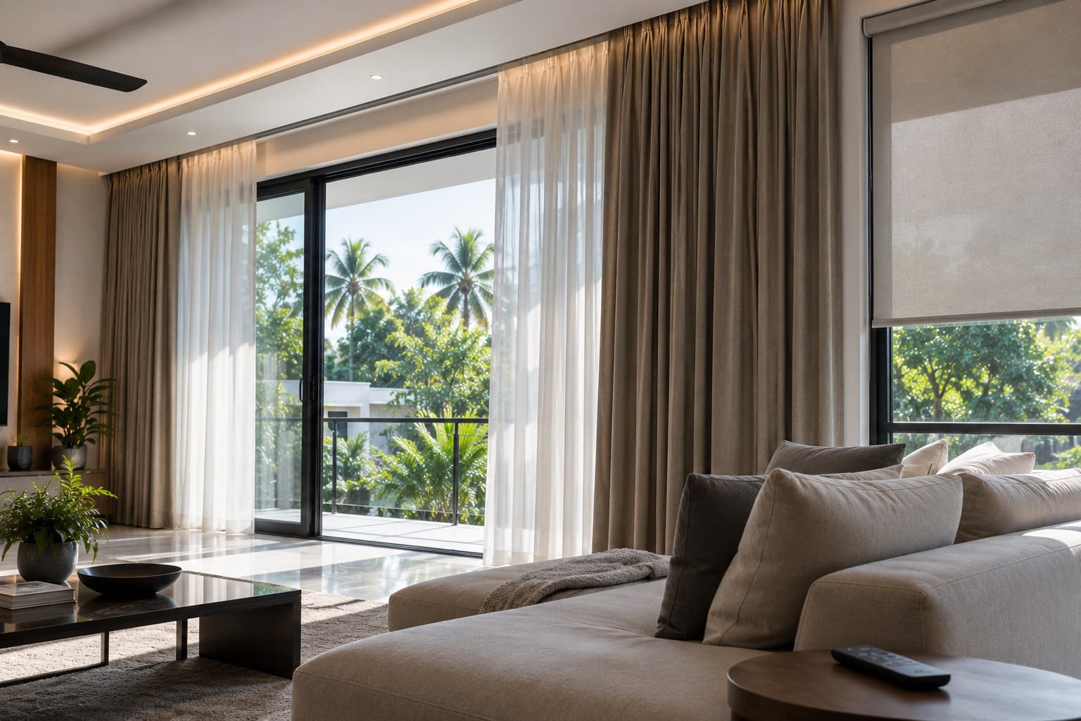 Motorised curtains drawing open across a wide living room window in a Kerala home