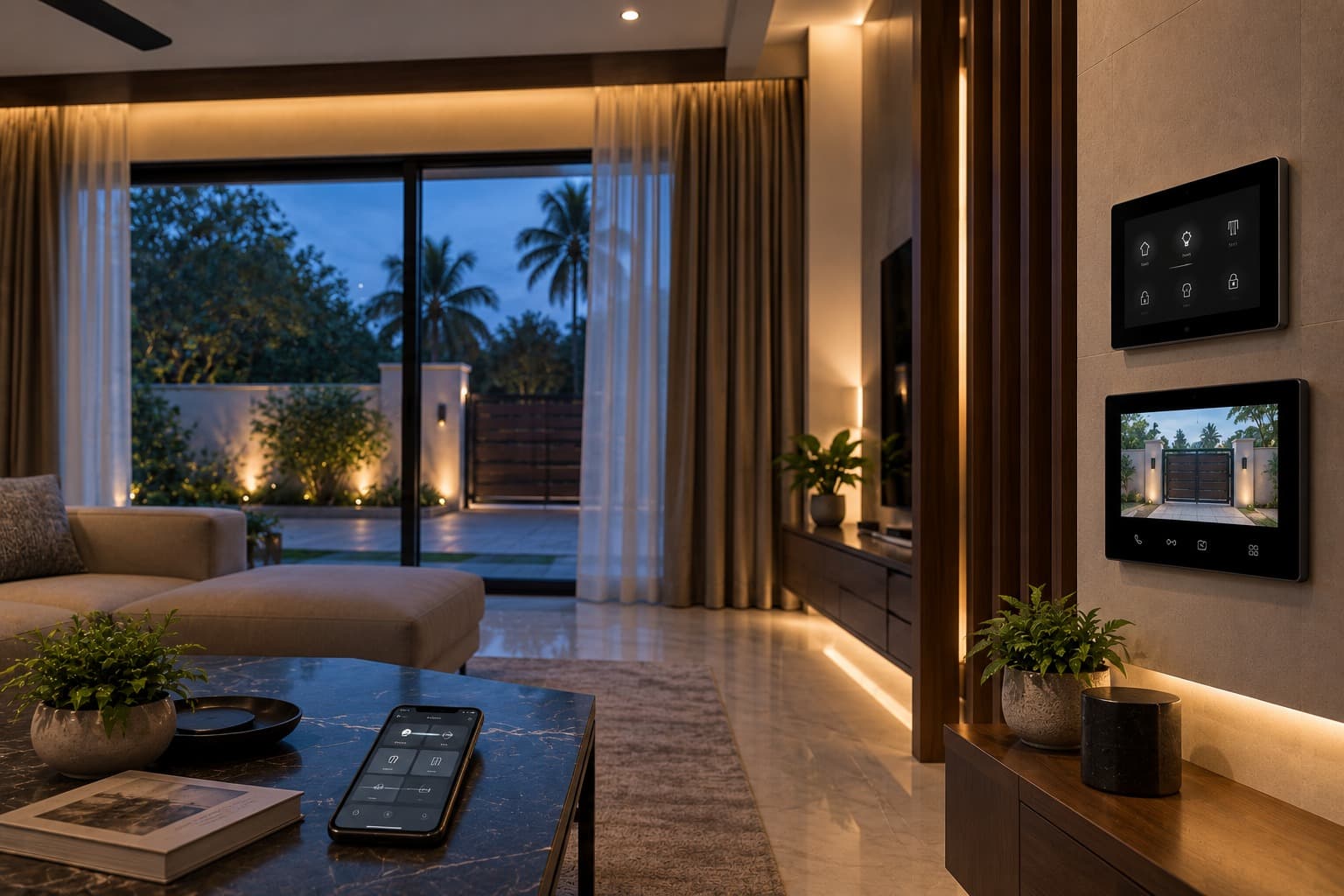 Motorised curtains, a video door phone monitor and an automatic gate in a Kerala home